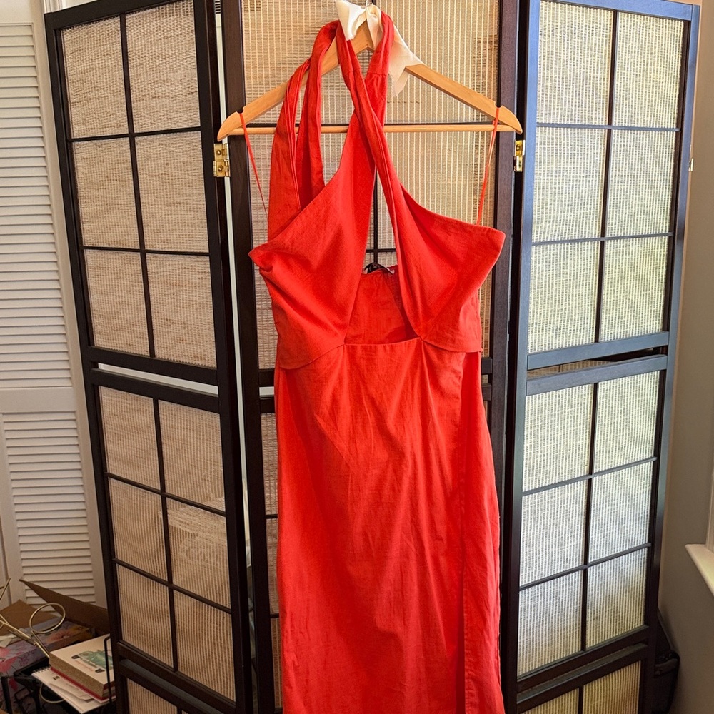 Cross front linen  Red Halter Dress
